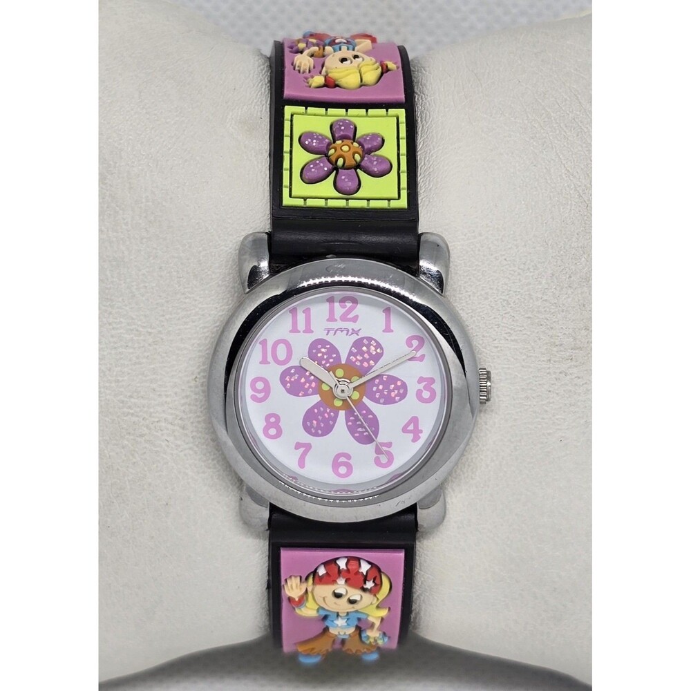 Kids Timex TMX K7 Round Flower Pink Purple Dial Silvertone 3D Poly Band Watch 07